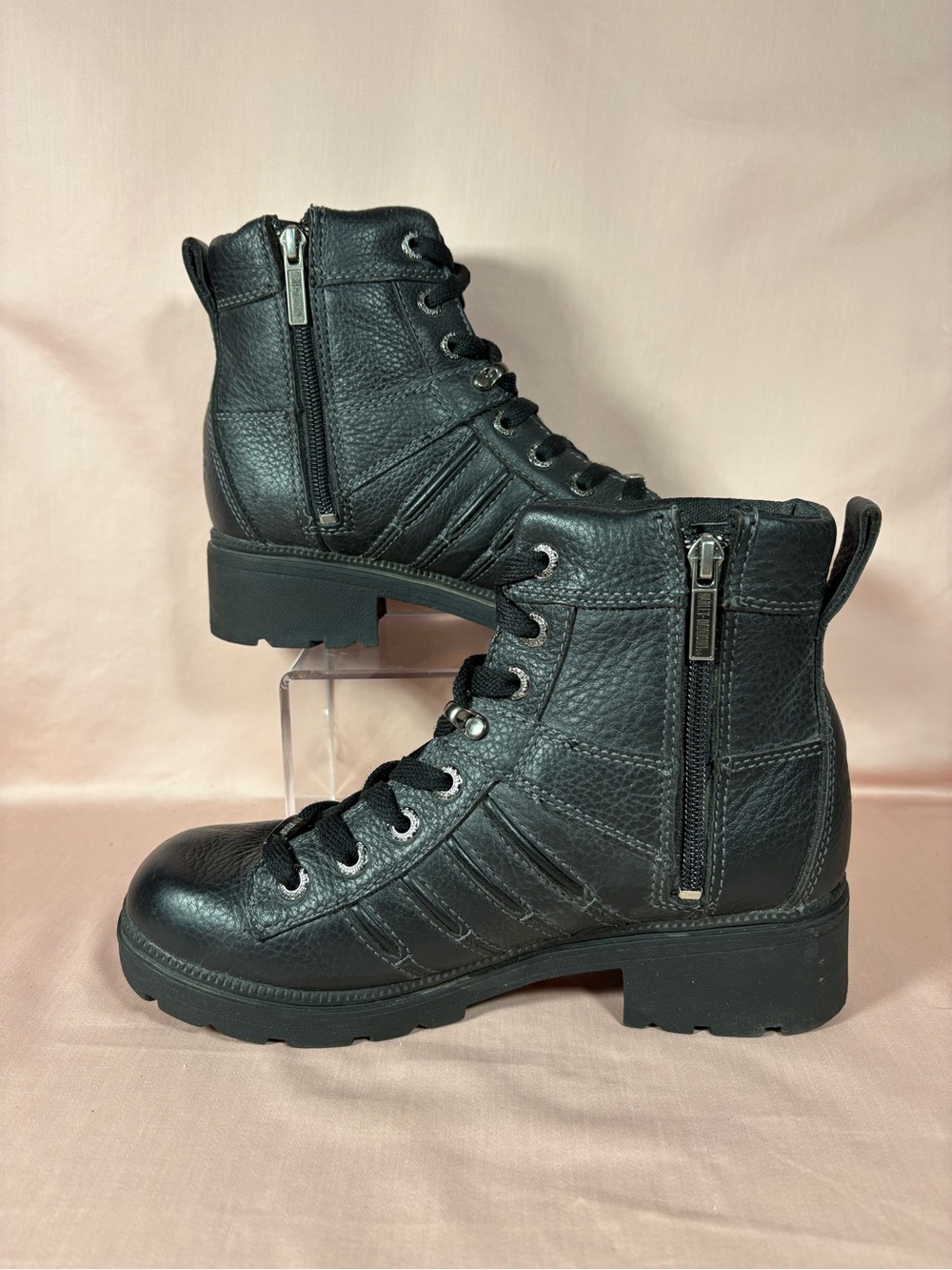Harley Davidson Women's 9 Black Leather Tamia Lace-Up Side-Zip Motorcycle Boots - Picture 2 of 15